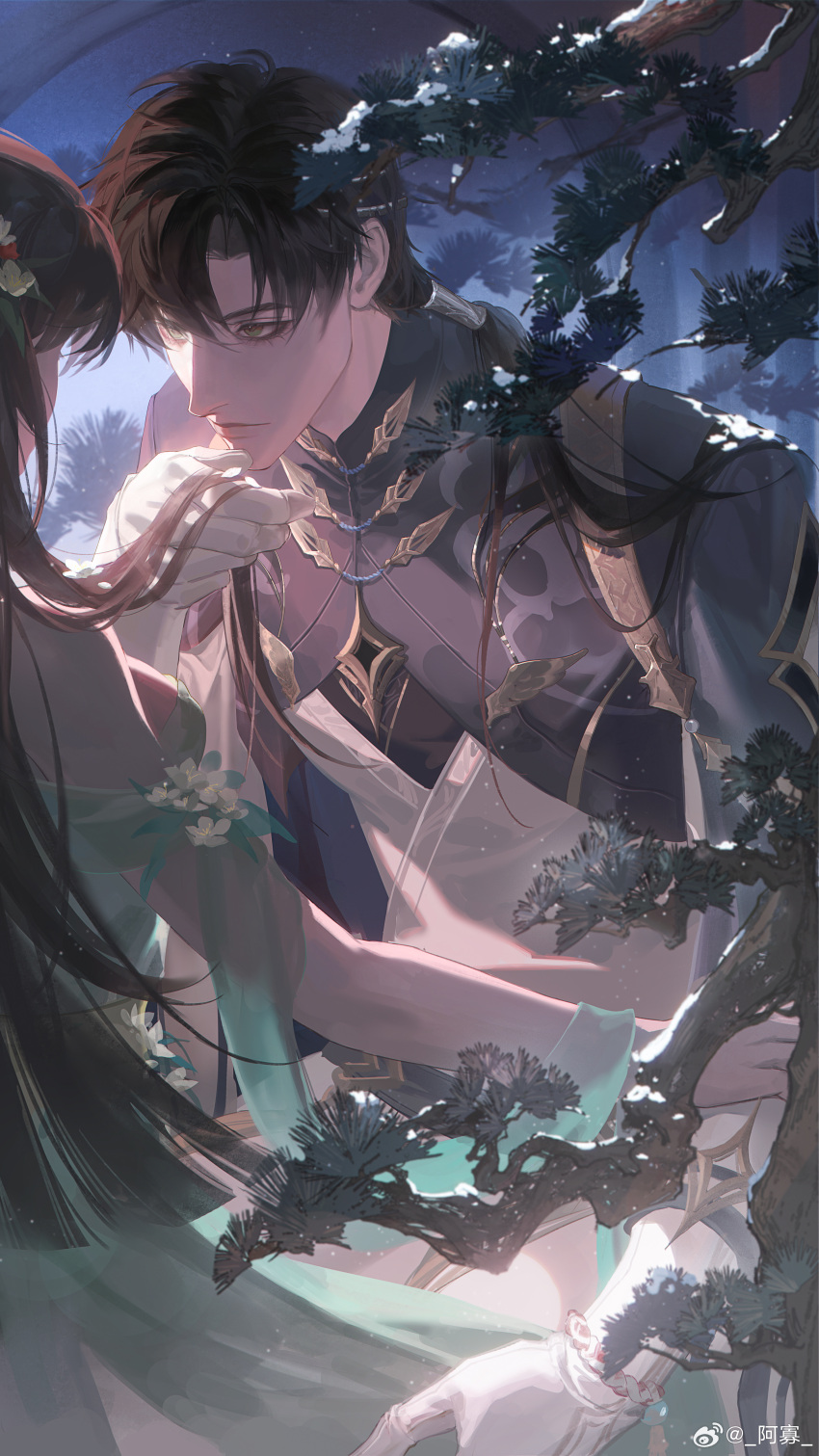 1boy, 1girl, absurdres, branch, brown_hair, chinese_clothes, closed_mouth, couple