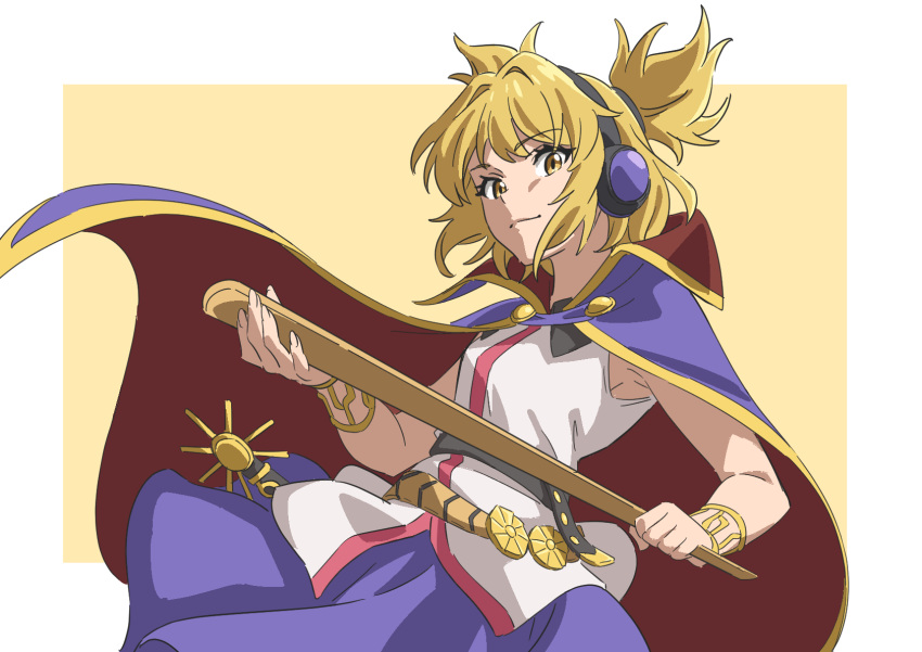1girl, bare_arms, belt, blonde_hair, border, cape, closed_mouth, earmuffs, gyouza_(mhea5724), high_collar, highres, pointy_ears, purple_cape, red_cape, ritual_baton, shirt, sleeveless, sleeveless_shirt, smile, solo, sword, touhou, toyosatomimi_no_miko, twintails, two-sided_cape, two-sided_fabric, very_long_cape, weapon, white_border, white_shirt, yellow_background, yellow_eyes