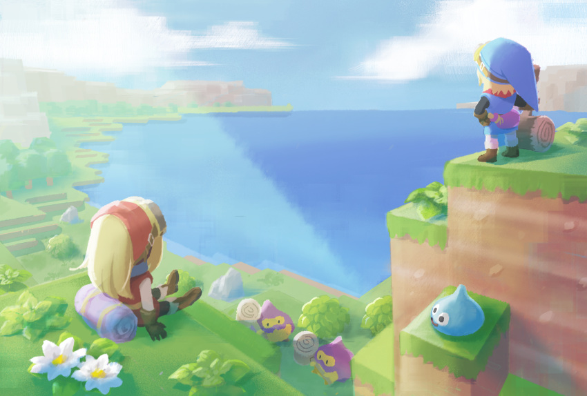 1boy, 1girl, 3others, black_sleeves, blonde_hair, blue_hat, blue_neckerchief, blue_sky, blue_tunic, brown_gloves, bush, clouds, commentary_request, day, dragon_quest, dragon_quest_builders, facing_away, female_builder_(dqb), flower, gloves, goggles, goggles_on_headwear, hairband, hammer, hammerhood_(dragon_quest), hat, highres, holding, holding_hammer, long_hair, male_builder_(dqb), medium_hair, multiple_others, neckerchief, on_grass, outdoors, red_hairband, red_neckerchief, red_tunic, sitting, sky, slime_(dragon_quest), tunic, white_flower, yono_999
