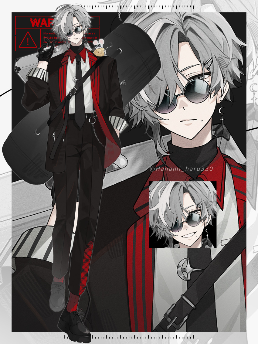 1boy, absurdres, belt_chain, black_footwear, black_jacket, black_necktie, black_pants, briefcase