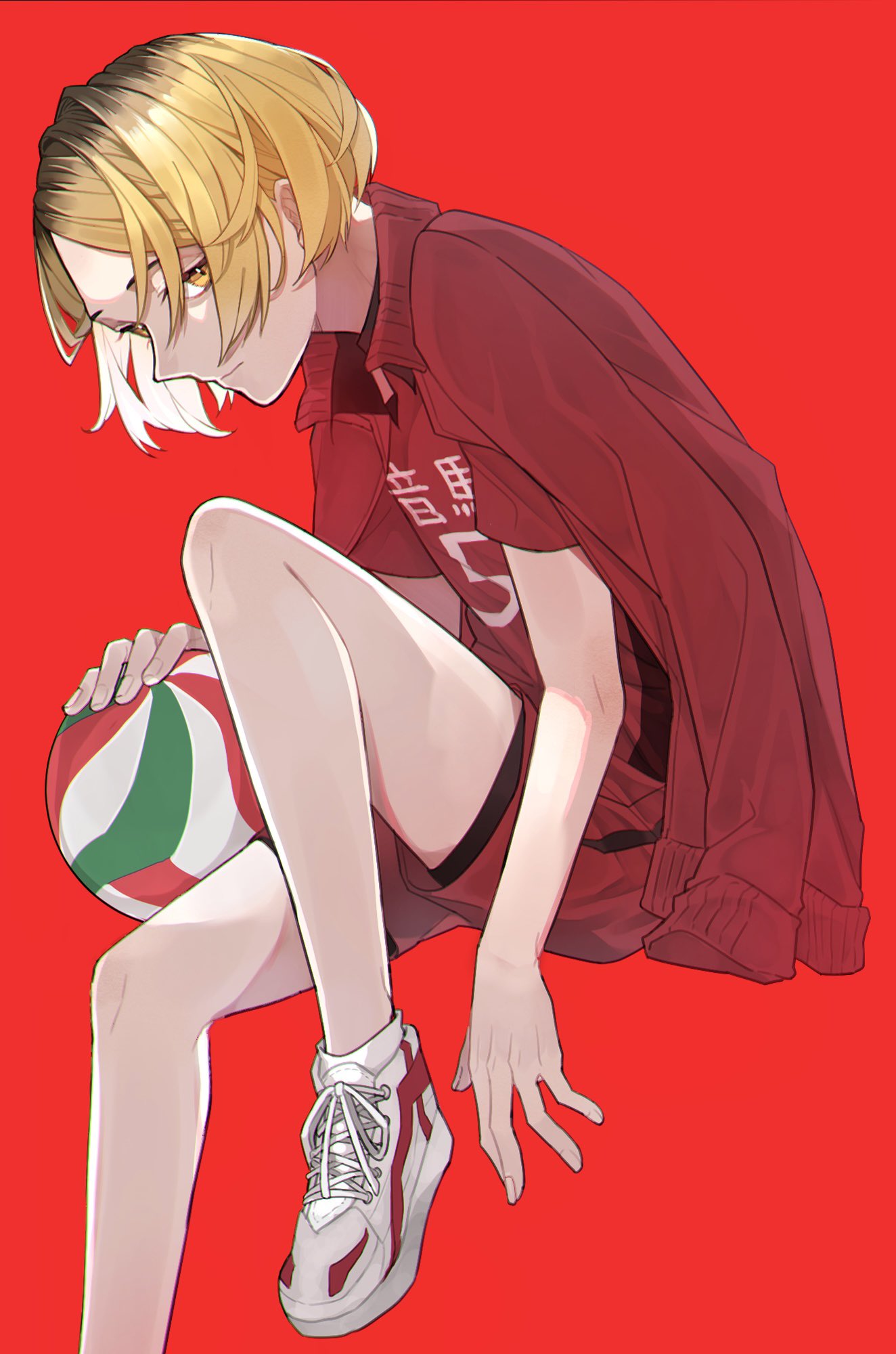1boy, ball, bare_legs, blonde_hair, brown_hair, closed_mouth, commentary_request, eringi895, gradient_hair, haikyuu!!, highres, hunched_over, jacket, jacket_on_shoulders, knee_up, kozume_kenma, long_sleeves, looking_to_the_side, male_focus, multicolored_footwear, multicolored_hair, red_background, red_jacket, red_shirt, shirt, shoelaces, shoes, short_sleeves, simple_background, sitting, sneakers, solo, sportswear, volleyball_(object), volleyball_uniform, yellow_eyes
