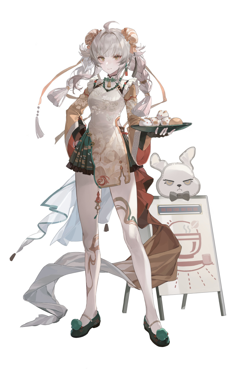 >:), 1girl, absurdres, ahoge, baozi, bead_necklace, beads, black_gloves