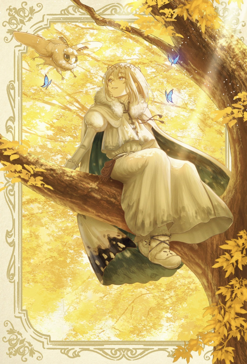 1boy, asagi_futsuka, blanca_(fate), blue_eyes, boots, bug, butterfly, cape, crown, fate/grand_order, fate_(series), fur-trimmed_cape, fur_trim, grey_hair, highres, in_tree, male_focus, moth, oberon_(fate), robe, sitting, sitting_in_tree, tree, white_robe, yellow_theme