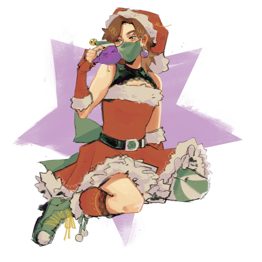 1other, androgynous, belt, boots, brown_hair, christmas, christmas_ornaments, commentary, creature, dress, earrings, english_commentary, fur-trimmed_boots, fur-trimmed_dress, fur_trim, green_footwear, hat, highres, indie_virtual_youtuber, jewelry, mask, mouth_mask, official_alternate_costume, other_focus, painstarrr, particles_(ranboo), ranboo, ranboo_(r800), ranboo_(r800)_(christmas), red_dress, santa_hat, short_hair, sitting, solo_focus, star_(symbol), virtual_youtuber, white_background