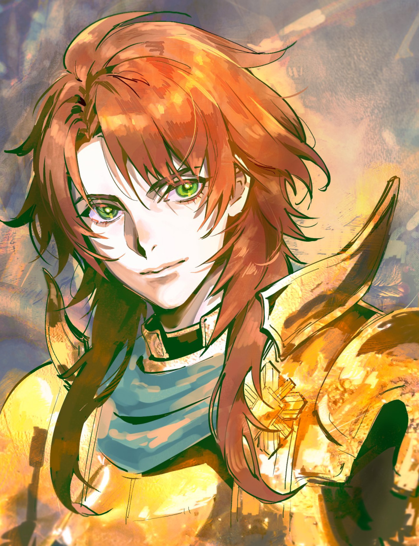 1boy, armor, blue_scarf, breastplate, brown_hair, closed_mouth, commentary_request, gellard_(romancing_saga_2), gold_armor, green_eyes, highres, kin_mokusei, light_smile, long_hair, looking_to_the_side, male_focus, parted_bangs, pauldrons, romancing_saga_2, saga, scarf, shoulder_armor, solo, upper_body