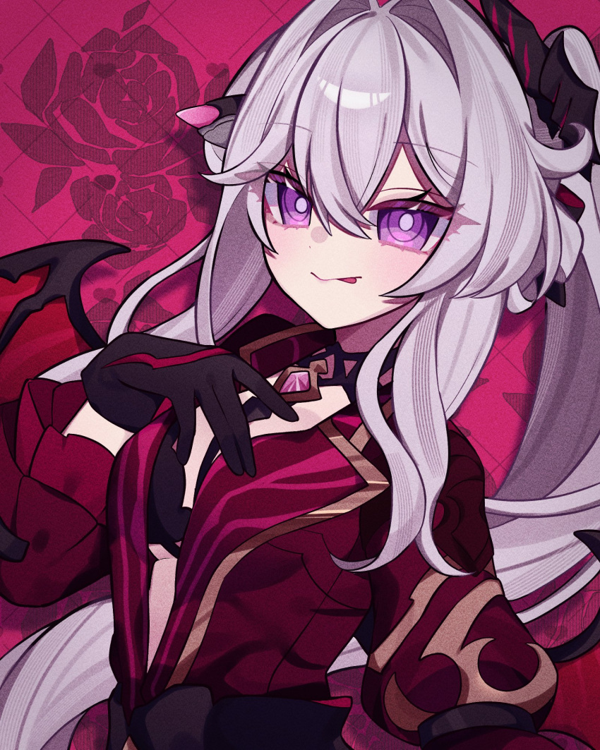 1girl, black_bra, black_gloves, black_horns, bra, breasts, bright_pupils, commentary