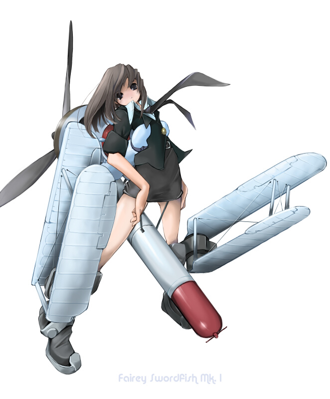 biplane, brown_hair, fairey_swordfish, long_hair, mecha_musume, military, nano, necktie