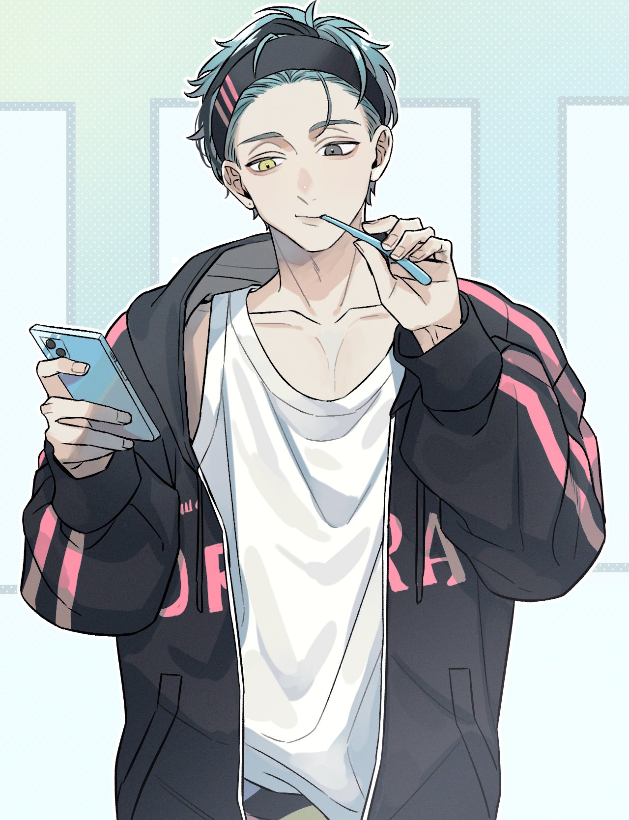 1boy, bangs_pinned_back, black_hairband, black_nails, blue_background, blue_hair, cellphone, closed_mouth