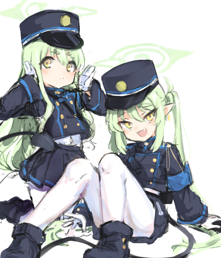 2girls, armband, black_footwear, black_jacket, black_shorts, black_skirt, black_tail, blue_archive