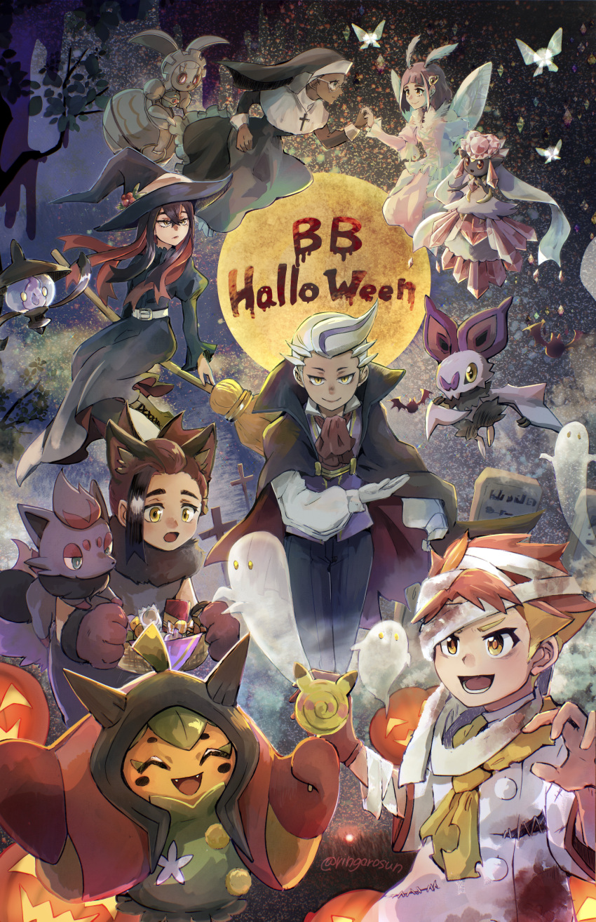 3boys, 3girls, :o, amarys_(pokemon), animal_ears, bandaged_head, bandages, bowing