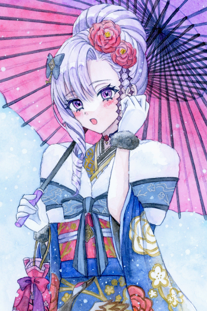 1girl, absurdres, blush, drill_hair, flower, gloves, hair_flower, hair_ornament, highres, holding, holding_umbrella, hyakumantenbara_salome, hyakumantenbara_salome_(new_year), japanese_clothes, jewelry, kimono, looking_at_viewer, necklace, nijisanji, official_alternate_costume, painting_(medium), print_kimono, purple_hair, red_flower, red_rose, rose, snowing, solo, traditional_media, umbrella, violet_eyes, virtual_youtuber, watercolor_(medium), white_gloves, yuika_b1ue