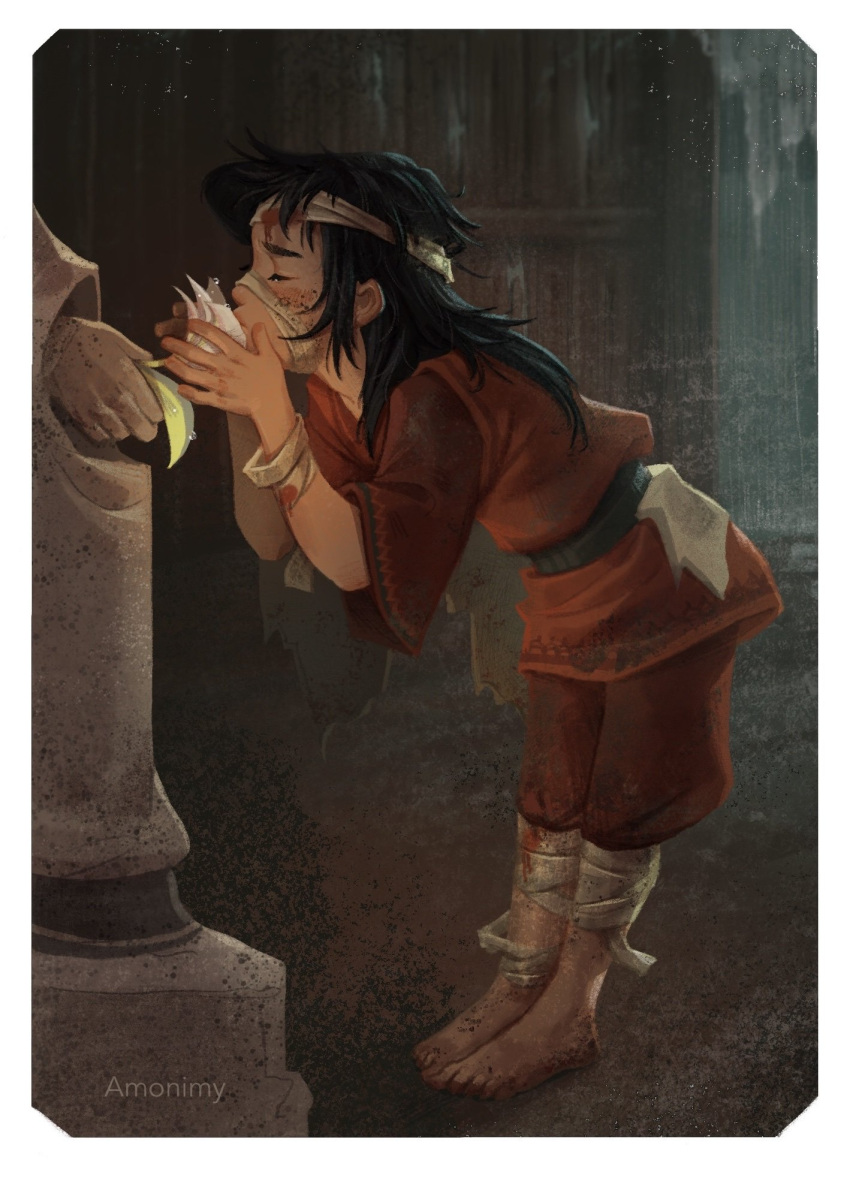 1boy, amonimy, bandaged_arm, bandaged_head, bandaged_leg, bandages, barefoot, black_hair