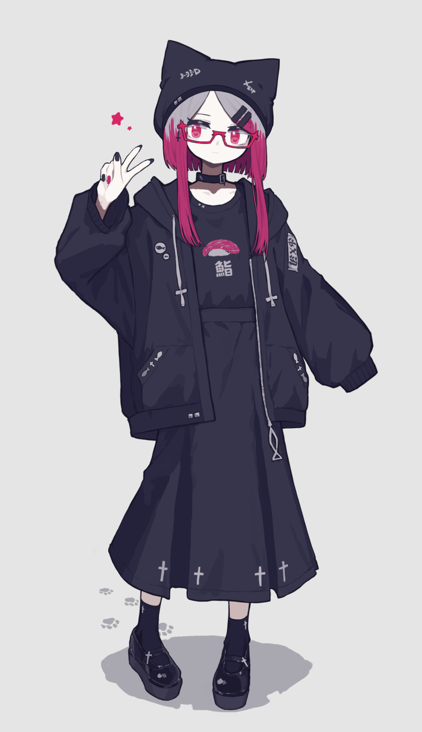 1girl, animal_hat, ankle_socks, black_footwear, black_hat, black_jacket, black_nails, black_shirt