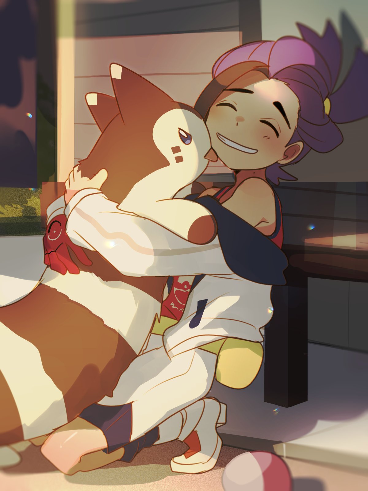 1boy, black_hair, blue_socks, blush, closed_eyes, commentary_request, day, furret
