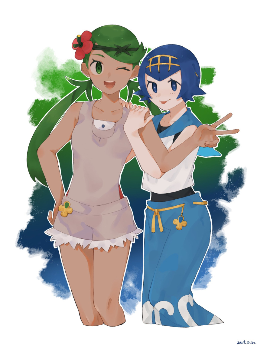 2girls, ;d, blue_eyes, blue_hair, blue_pants, bright_pupils, collarbone, commentary_request