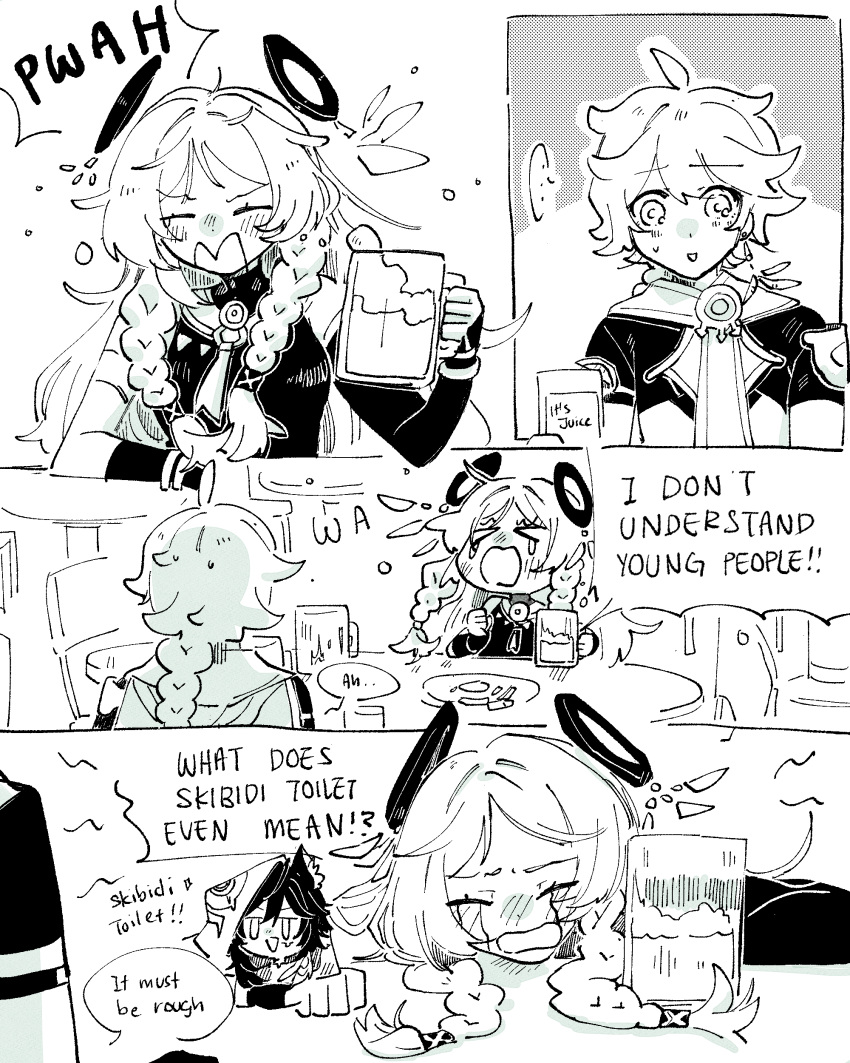 >_<, 1girl, 2boys, absurdres, aether_(genshin_impact), ahoge, animal_ear_fluff, animal_ears