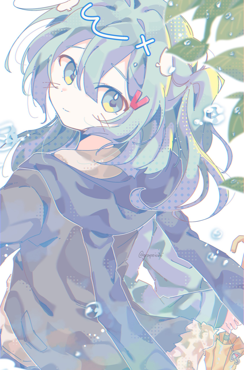 1girl, absurdres, aqua_eyes, aqua_hair, ben-day_dots, black_jacket, blue_jacket, branch