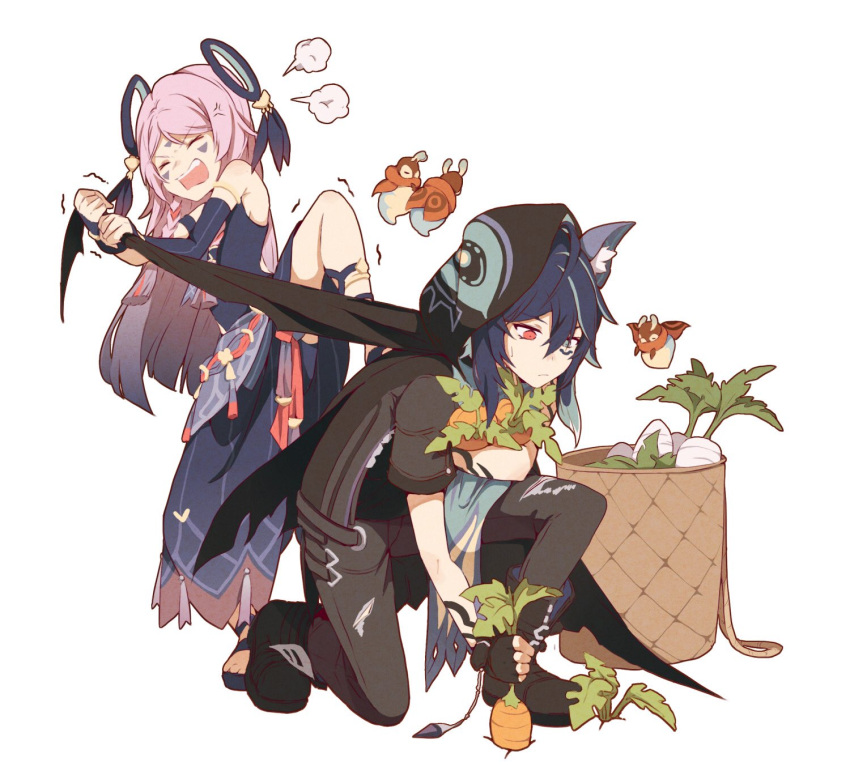 1boy, 1girl, anger_vein, animal_ear_fluff, animal_ears, armlet, asymmetrical_sleeves, bat_ears