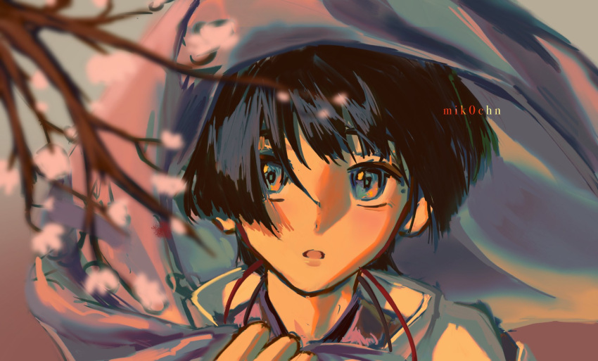 1boy, artist_name, black_hair, blunt_bangs, blunt_ends, branch, cherry_blossoms, clothing_cutout