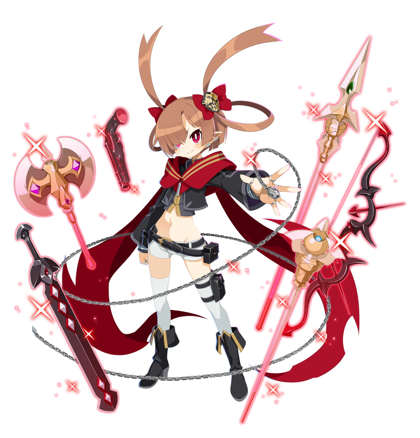 1girl, antenna_hair, axe, black_footwear, boots, bow, chain, crop_top, demon_girl, disgaea, disgaea_rpg, full_body, gun, hair_over_one_eye, harada_takehito, highres, huge_antenna_hair, jewelry, long_sleeves, looking_at_viewer, navel, official_art, pointy_ears, polearm, red_eyes, red_scarf, ring, scarf, shorts, sicily_(disgaea), sicily_xeno_(disgaea), smile, spear, sword, thigh-highs, weapon, white_shorts, white_thighhighs