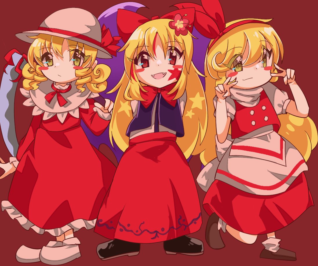 3girls, apron, back_bow, bat_wings, black_footwear, blonde_hair, blush_stickers, bow