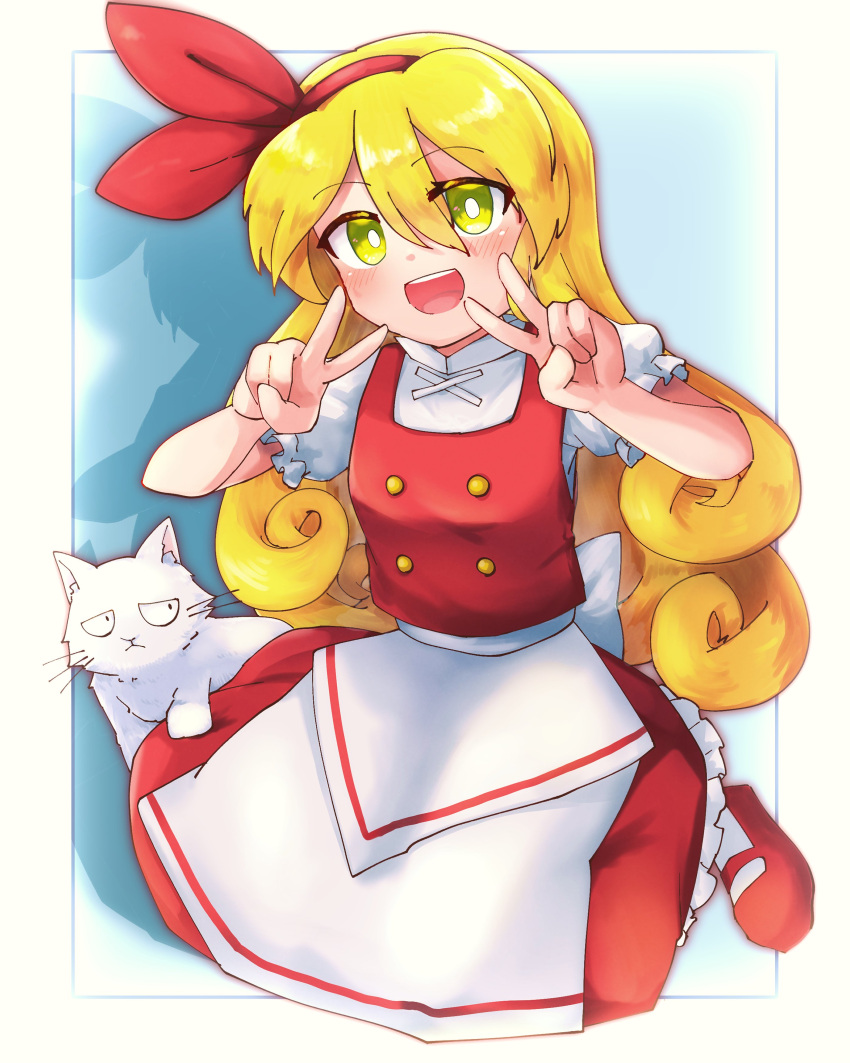 absurdres, apron, back_bow, blonde_hair, bow, breasts, buttons, cat