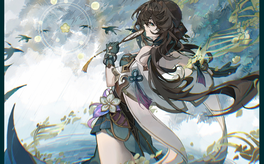1girl, absurdres, bird, black_hair, chinese_clothes, chinese_commentary, commentary_request, cowboy_shot