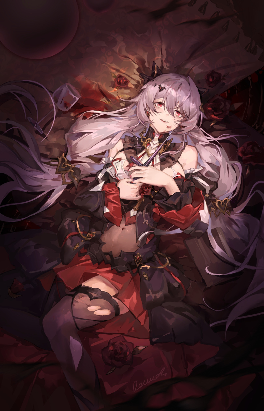 1girl, absurdres, bare_shoulders, black_dress, black_sleeves, black_thighhighs, chinese_commentary, commentary