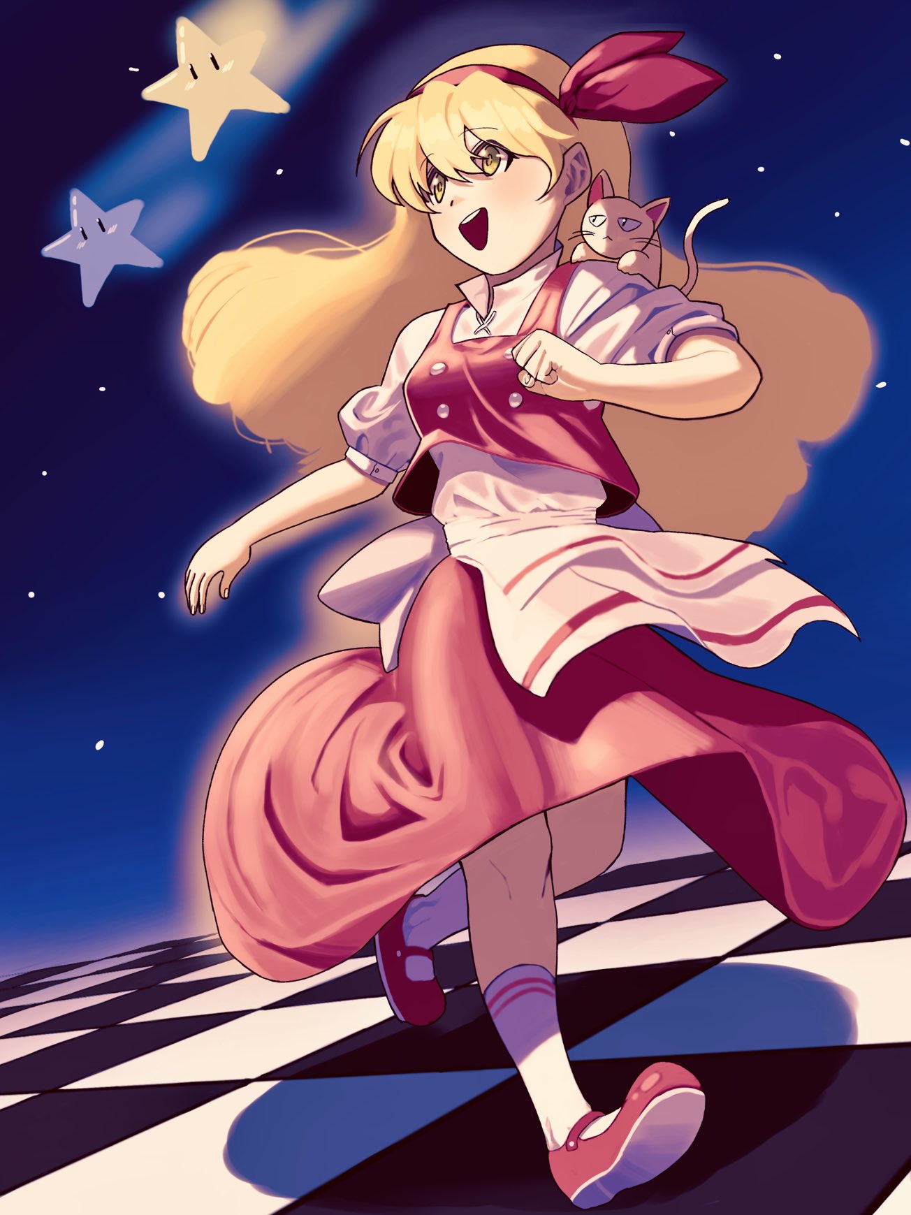 1boy, 1girl, :d, animal, animal_on_shoulder, apron, back_bow, blonde_hair