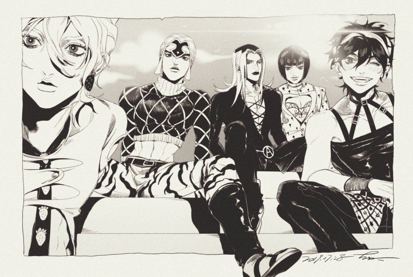 2018, 5boys, absurdres, animal_print, bare_shoulders, black_hair, bruno_bucciarati, buffoon