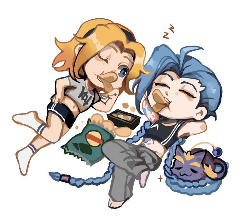2girls, alternate_costume, animal, black_hairband, black_shirt, black_shorts, blonde_hair, blush