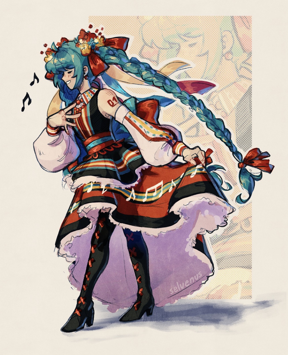 1girl, blue_hair, boots, braid, closed_eyes, hair_ribbon, hatsune_miku, highres, long_hair, music, red_ribbon, ribbon, selvenus, simple_background, singing, slavic_clothes, smile, source_request, tagme, vocaloid, worldwide_miku