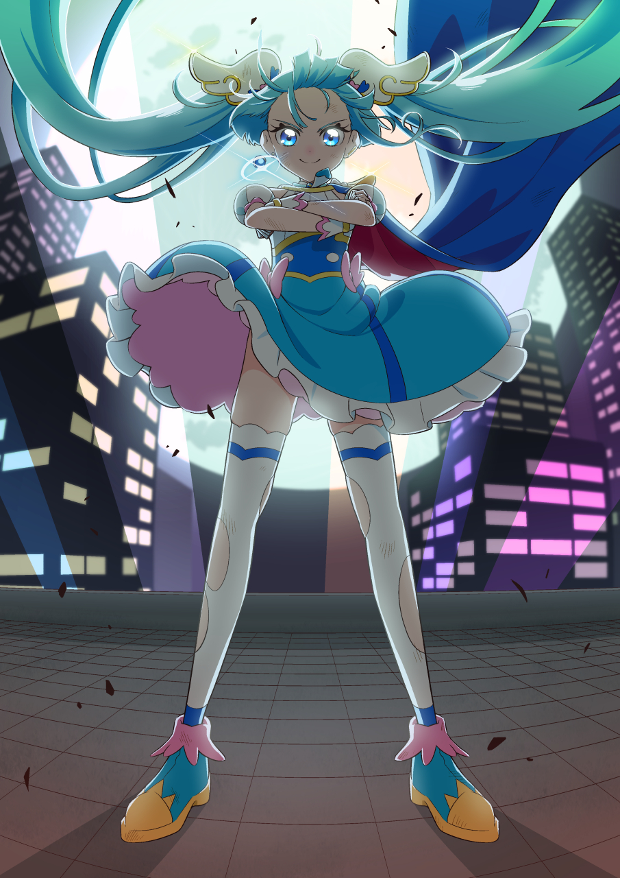 1girl, ankle_boots, blue_cape, blue_dress, blue_eyes, blue_footwear, blue_hair, boots