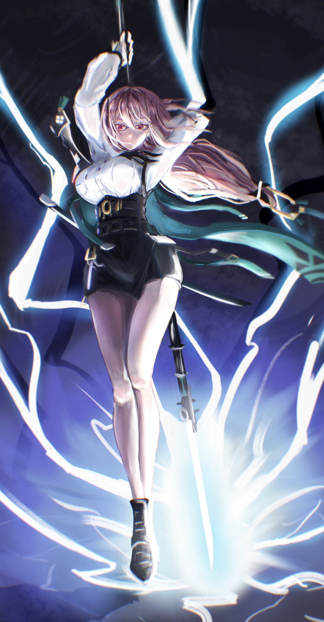 1girl, black_footwear, black_skirt, closed_mouth, floating_hair, full_body, glasses, high-waist_skirt, highres, holding, holding_polearm, holding_weapon, light_smile, lightning, long_hair, looking_at_viewer, lunaliene_ray, naginata, pencil_skirt, pink_eyes, pink_hair, polearm, skirt, solo, tsukishiro_yanagi, weapon, zenless_zone_zero