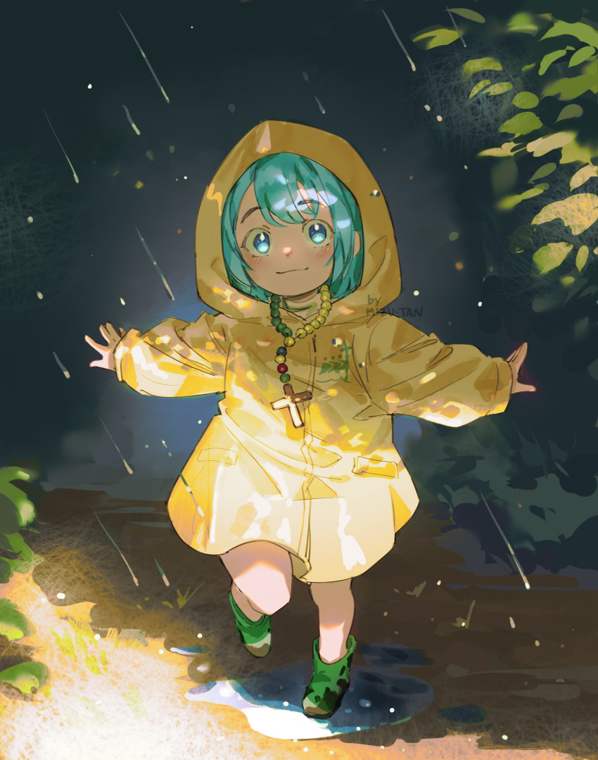 1girl, absurdres, beads, blue_eyes, blush, closed_mouth, cross, day, full_body, green_hair, highres, hood, hood_up, jubilee_2025, latin_cross, long_sleeves, looking_at_viewer, luce_(jubilee_2025), mizu-tan, outdoors, outstretched_arms, rain, raincoat, short_hair, smile, solo, spread_arms, standing, water, watermark, yellow_raincoat