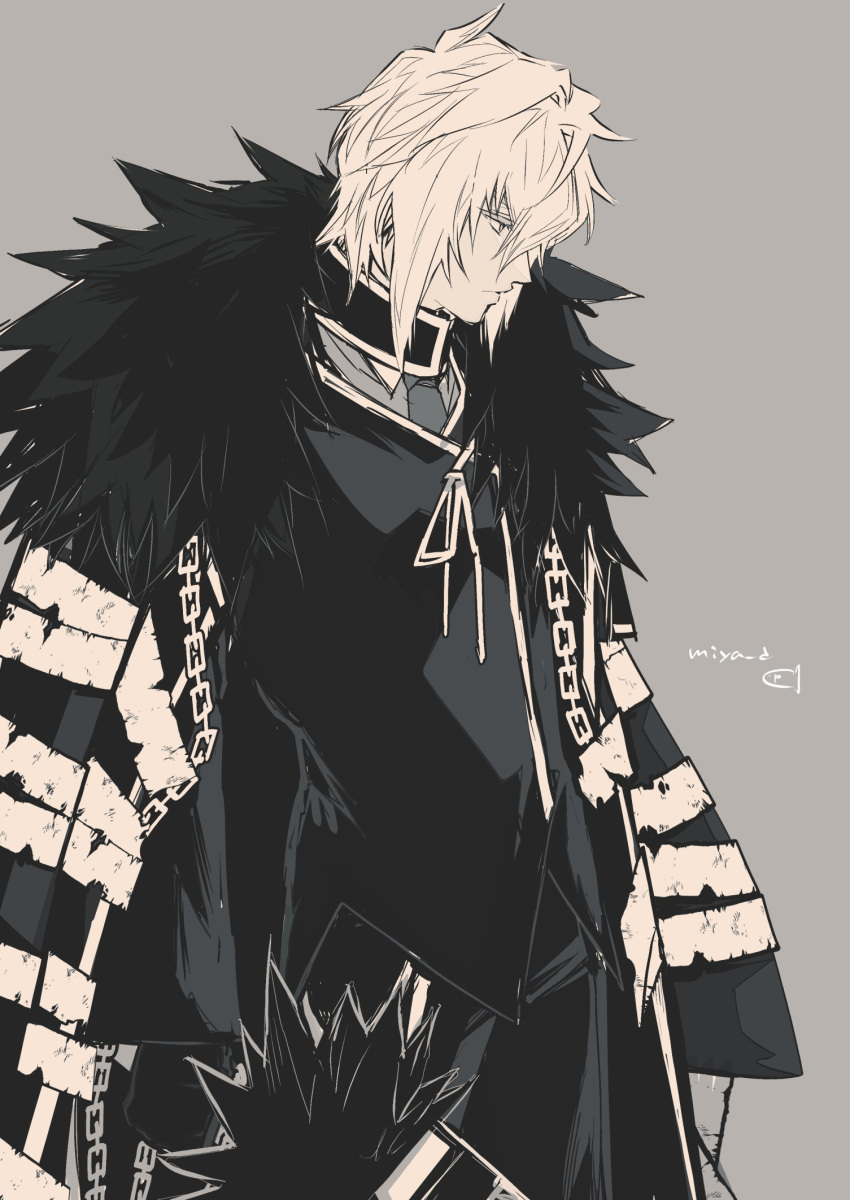 1boy, bandages, chain, collared_shirt, cowboy_shot, e.g.o_(project_moon), employee_(project_moon), greyscale