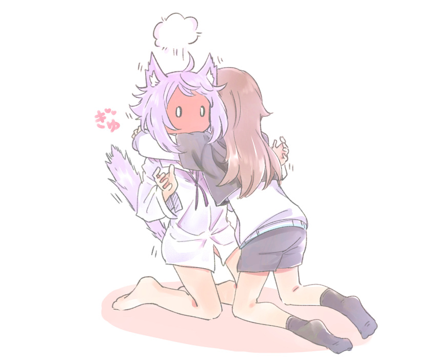 2girls, ahoge, animal_ears, barefoot, black_shorts, black_socks, blush, brown_hair