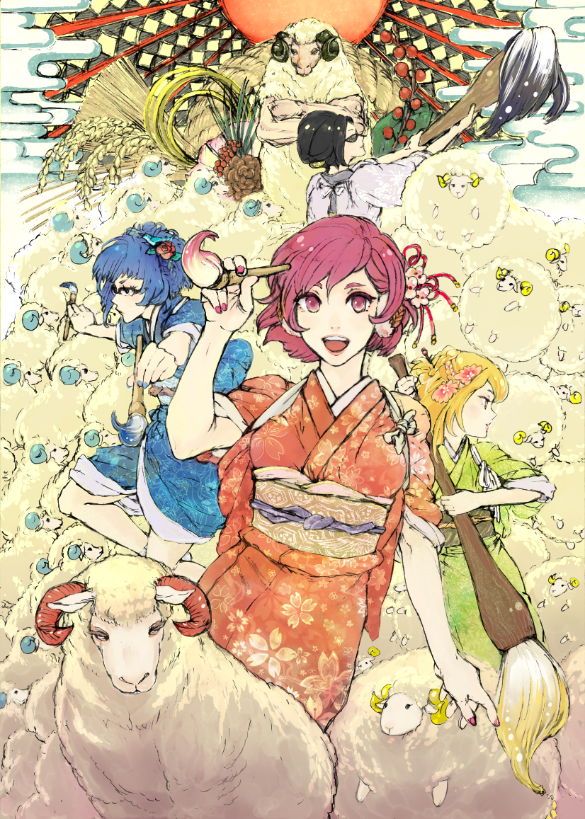 apron, black_hair, blonde_hair, blue_hair, blue_kimono, breasts, calligraphy_brush, commentary_request