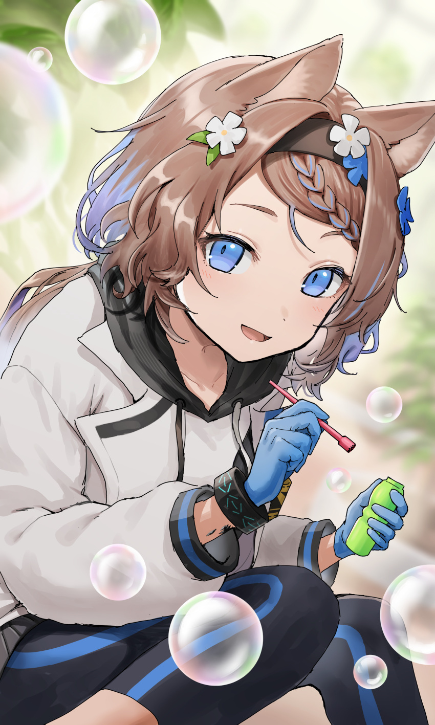 1girl, :d, absurdres, animal_ears, arknights, aroma_(arknights), black_leggings, blue_eyes