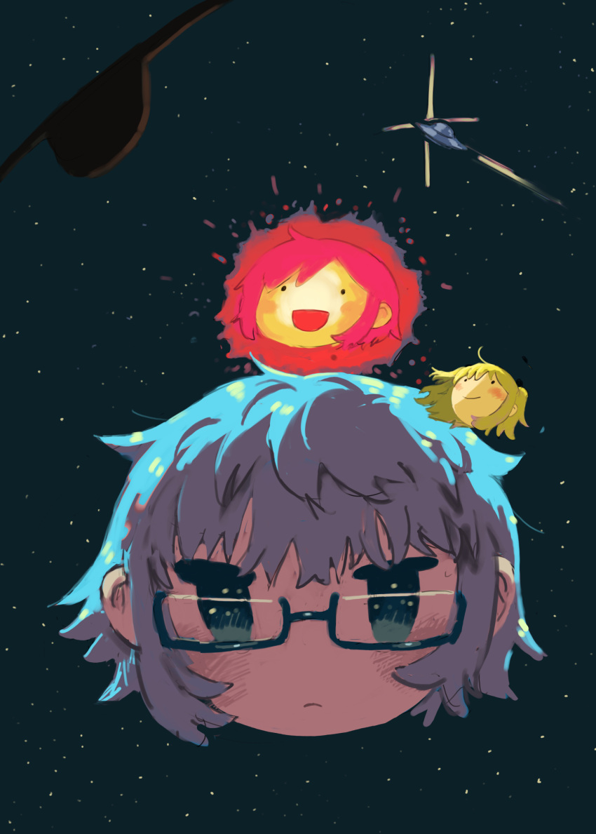 ._., 3girls, blonde_hair, blue_eyes, blue_hair, blush, closed_mouth, commentary, doroko_(drawing_pixie), doromi_(drawing_pixie), dorone_(drawing_pixie), drawing_pixie, eyepatch, frown, glasses, glint, head_only, highres, kezuru, looking_at_viewer, multiple_girls, open_mouth, orbited, planet, redhead, semi-rimless_eyewear, smile, star_(sky), symbol-only_commentary, ufo, unworn_eyepatch