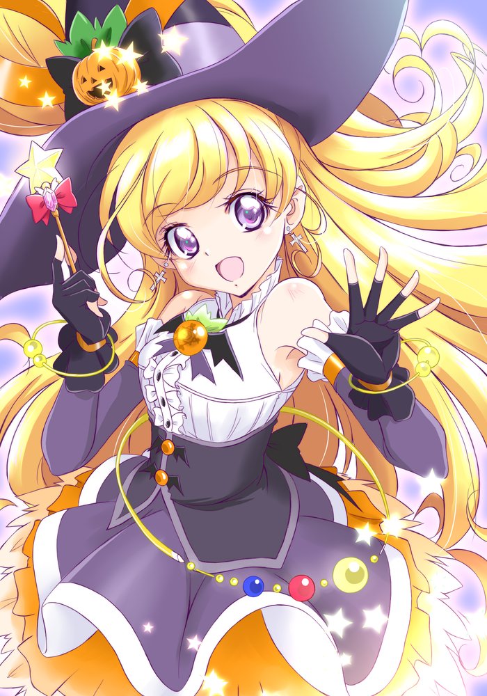 1girl, amraam120c, asahina_mirai, bat_brooch, black_gloves, black_hat, black_skirt, black_sleeves