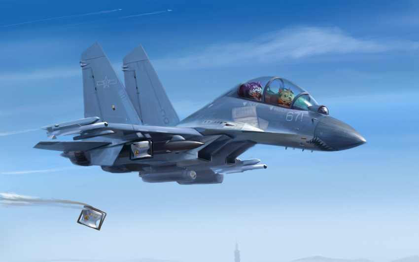 aircraft, airplane, animal, blue_sky, dog, doge, fighter_jet, headset