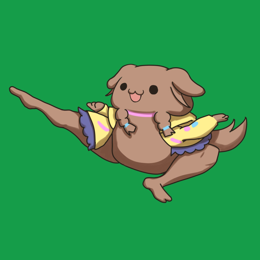 :3, animal, clothed_animal, commentary_request, dog, full_body, green_background, highres, hololive, inugami_korone, inugami_korone_(dog), jacket, jumping, kicking, meme, no_humans, onitake1110, open_clothes, open_jacket, open_mouth, simple_background, smash_64_pikachu_kick_(meme), smile, solo, super_smash_bros., virtual_youtuber, yellow_jacket