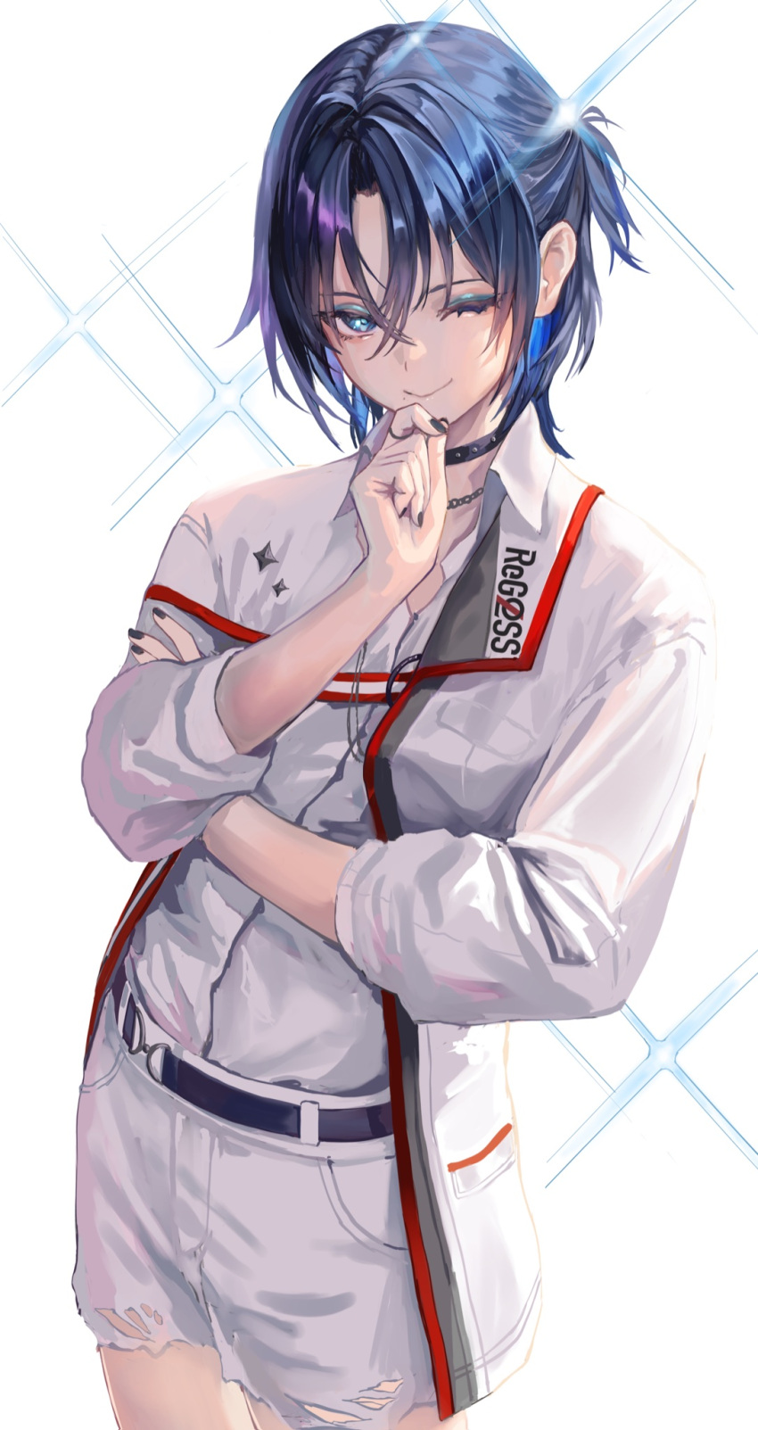 1girl, black_choker, black_nails, blue_eyes, blue_eyeshadow, blue_hair, buckle, chain