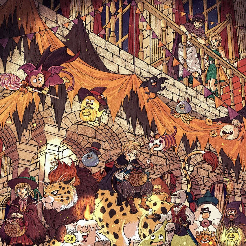 2boys, 2girls, baggy_pants, basket, belt, bianca_(dq5), big_sloth, black_hair, black_hat, blonde_hair, blue_eyes, blunt_bangs, borongo, bow, bowtie, bracelet, braid, brownie_(dragon_quest), candle, candy, cape, castle, commentary_request, dance_needle, demon_horns, dracky, dragon_quest, dragon_quest_v, dress, earrings, fake_horns, father_and_daughter, father_and_son, food, full_body, ghost_(dragon_quest), goodybag_(dragon_quest), green_dress, halloween, halloween_costume, hammerhood_(dragon_quest), hat, healslime, hero's_daughter_(dq5), hero's_son_(dq5), hero_(dq5), highres, holding, holding_basket, holding_candy, holding_food, holding_pumpkin, horns, husband_and_wife, indoors, jailcat, jewelry, long_hair, low_ponytail, minidemon, monster, mother_and_daughter, mother_and_son, multiple_boys, multiple_girls, open_mouth, orange_cape, pants, prestidigitator_(dragon_quest), pumpkin, purple_cape, purple_turban, red_bow, red_bowtie, short_hair, siblings, single_braid, sitting, slime_(substance), slime_knight, smile, spiky_hair, standing, stone_wall, toriga, tunic, twins, wax_murderer, white_tunic, window, witch_hat