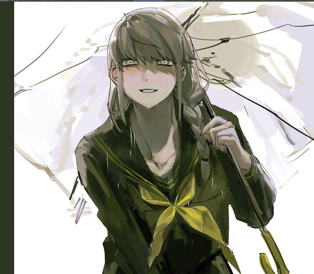 1girl, black_sailor_collar, black_shirt, braid, genderswap, genderswap_(mtf), hand_up, holding, holding_umbrella, long_sleeves, low_twin_braids, narukami_yuu, neckerchief, parted_lips, persona, persona_4, rain, sailor_collar, shirt, simple_background, smile, solo, transparent, transparent_umbrella, twin_braids, umbrella, white-trick, white_background, yellow_neckerchief, yellow_trim