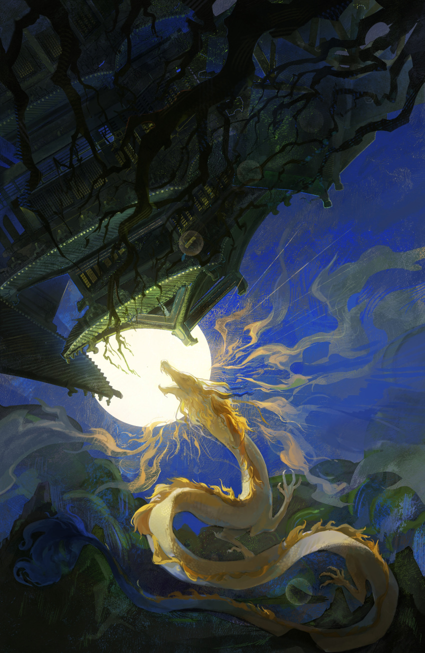 absurdres, architecture, arknights, chinese_commentary, commentary_request, dragon, east_asian_architecture, eastern_dragon, elibushieli_(muli4665), flying, full_moon, highres, light_rays, magic, moon, night, night_sky, no_humans, open_mouth, outdoors, pagoda, purple_sky, shu_(arknights), sky, upside-down