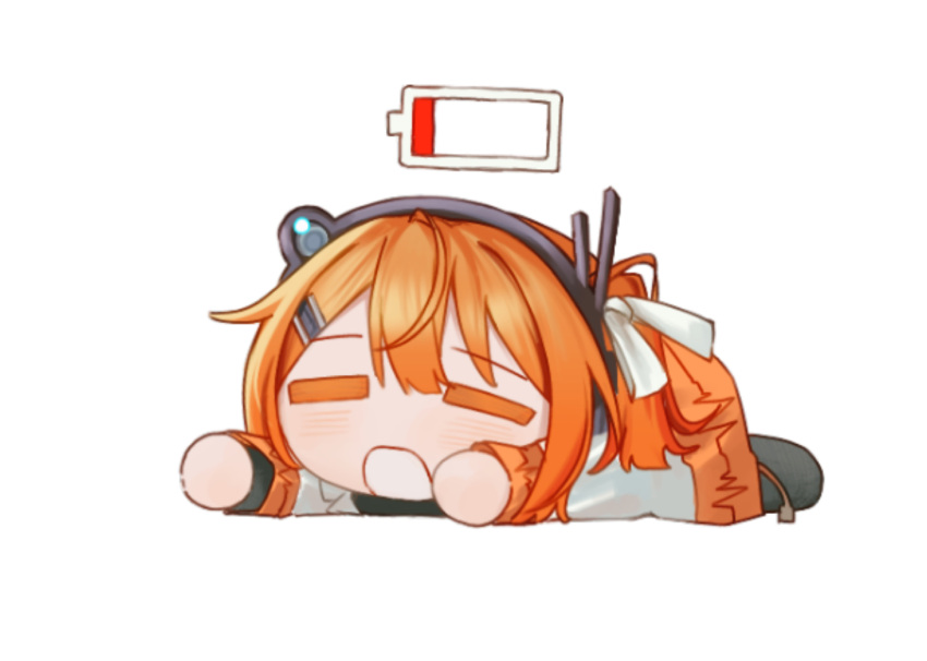 1girl, a.i._voice, adachi_rei, chibi, chibi_only, closed_eyes, full_body, hair_ribbon, headlamp, highres, jacket, long_sleeves, low_battery_notification, lying, on_stomach, one_side_up, open_mouth, orange_hair, popomine_(popo3ne), radio_antenna, ribbon, simple_background, solo, utau, white_background, white_jacket, white_ribbon
