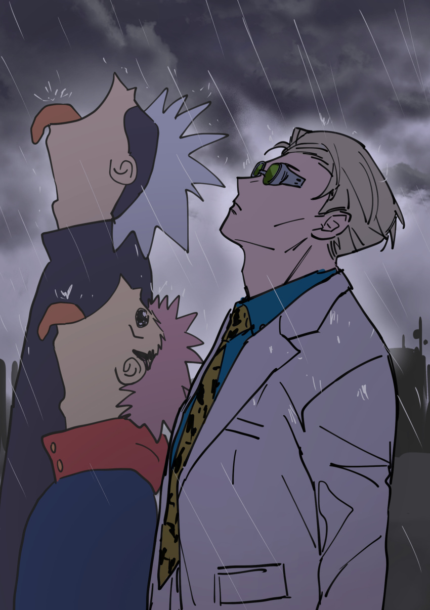 3boys, absurdres, black_eyes, black_shirt, blindfold, blonde_hair, blue_shirt, bongsoju