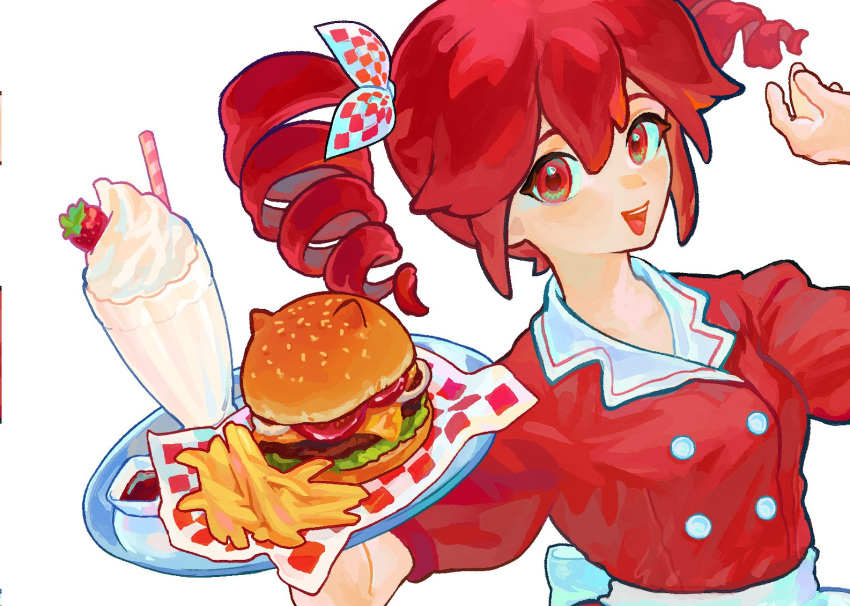 1girl, :d, apron, breasts, burger, buttons, checkered_ribbon, cheese